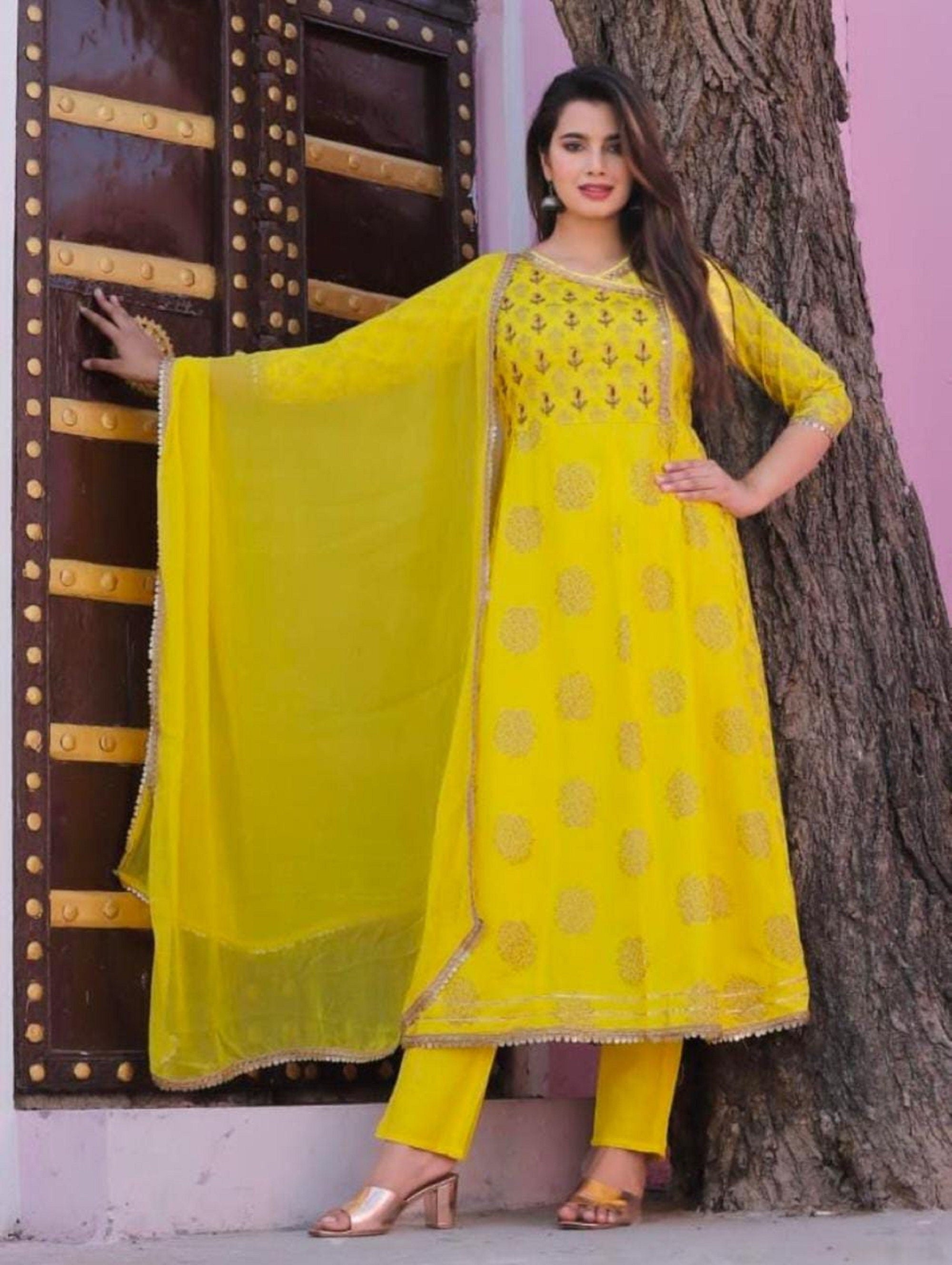 Yellow color Lehariya Cotton Kurti with embroidery and Glass Work | Kishori